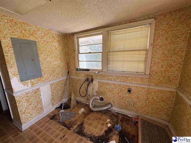 803 Pearl St, Darlington, SC 29532 - bathroom with baseboards, wallpapered walls, a textured ceiling, and electric panel