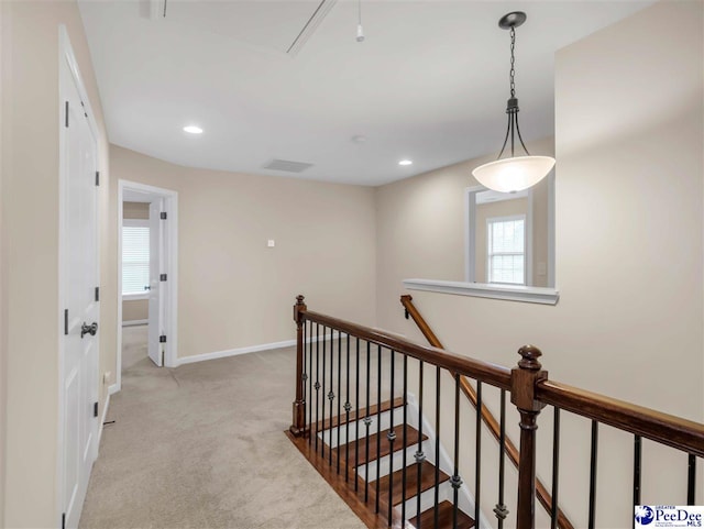 corridor featuring a wealth of natural light and light colored carpet