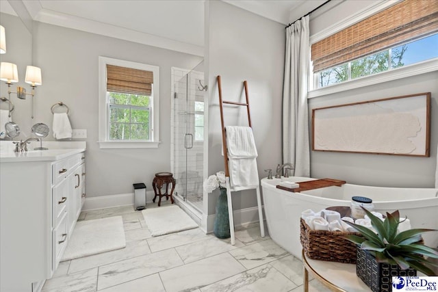 full bath with baseboards, marble finish floor, and a shower stall
