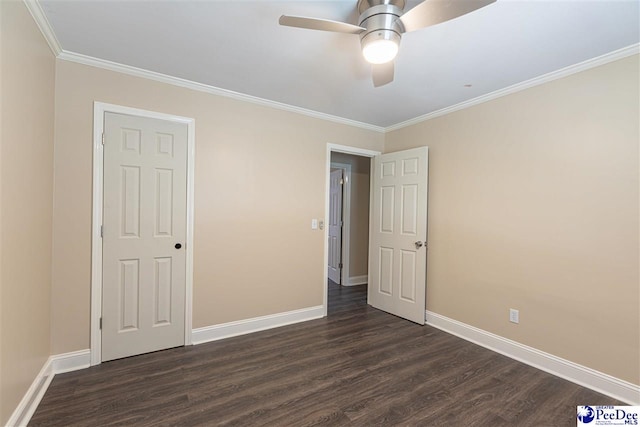 unfurnished bedroom featuring dark wood-type flooring, ceiling fan, and ornamental molding