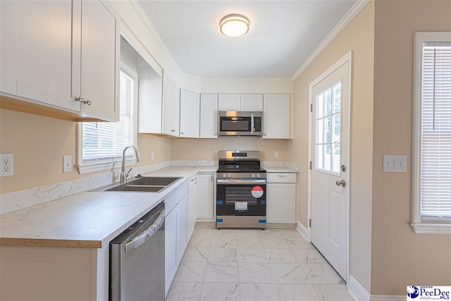 kitchen with a healthy amount of sunlight, appliances with stainless steel finishes, sink, and ornamental molding