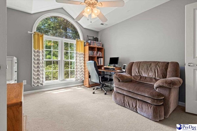 3250 Hampton Pointe Dr, Florence, SC 29501 - carpeted office with lofted ceiling, a ceiling fan, and baseboards