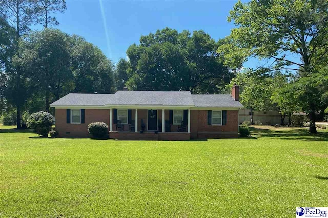 109 Tec Rd, Cheraw, SC 29520 - single story home with a front yard, a chimney, crawl space, and covered porch