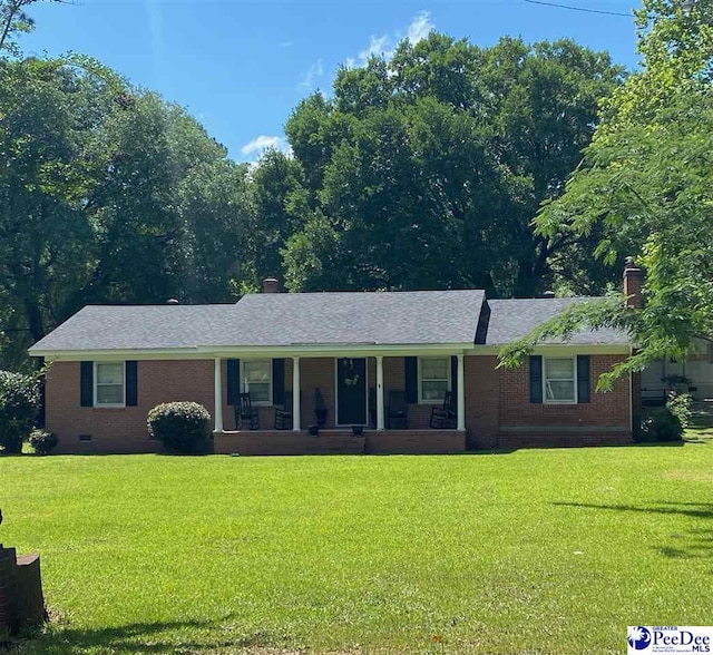 109 Tec Rd, Cheraw, SC 29520 - ranch-style home with a front yard, covered porch, brick siding, and crawl space