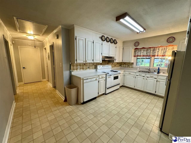 109 Tec Rd, Cheraw, SC 29520 - kitchen featuring white appliances, under cabinet range hood, light countertops, white cabinets, and light tile patterned floors