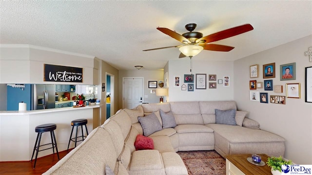 living room featuring ceiling fan, wood-type flooring, and a textured ceiling