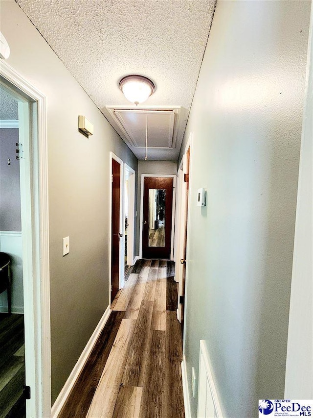 hall featuring hardwood / wood-style flooring and a textured ceiling