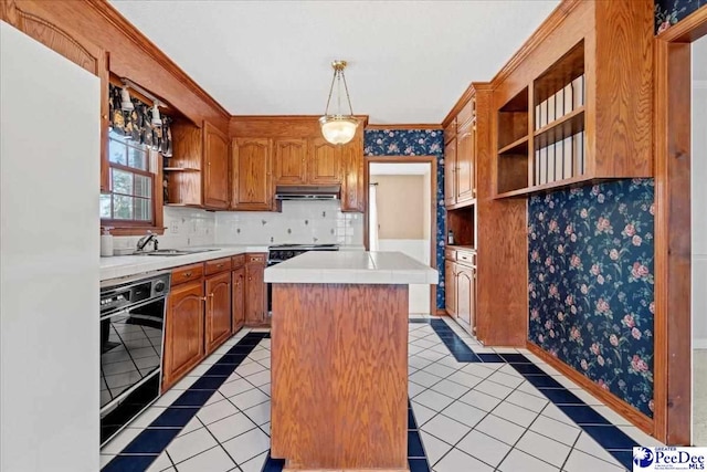 kitchen with dishwashing machine, a center island, light countertops, under cabinet range hood, and open shelves