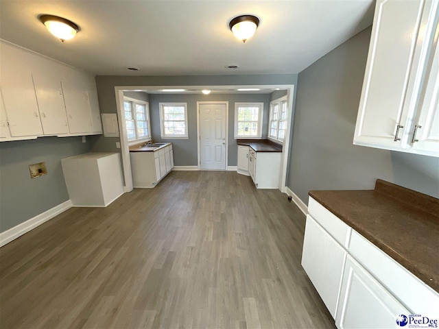 interior space with cabinet space, washer hookup, baseboards, and wood finished floors