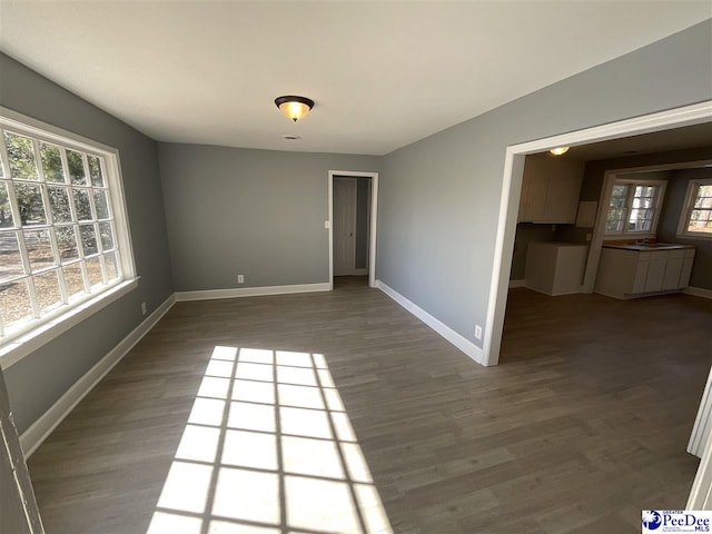 unfurnished room featuring a sink, baseboards, and wood finished floors