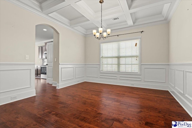 1635 Lake Wateree Dr, Florence, SC 29501 - unfurnished dining area with arched walkways, beam ceiling, an inviting chandelier, coffered ceiling, and crown molding