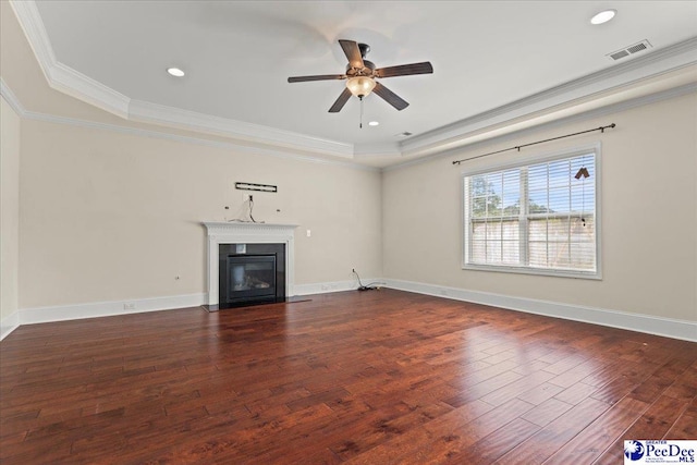 1635 Lake Wateree Dr, Florence, SC 29501 - unfurnished living room featuring a fireplace with flush hearth, visible vents, ornamental molding, wood-type flooring, and ceiling fan