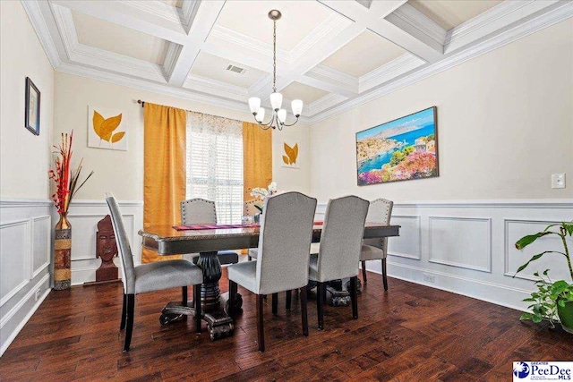 dining space with coffered ceiling, an inviting chandelier, crown molding, dark hardwood / wood-style flooring, and beamed ceiling