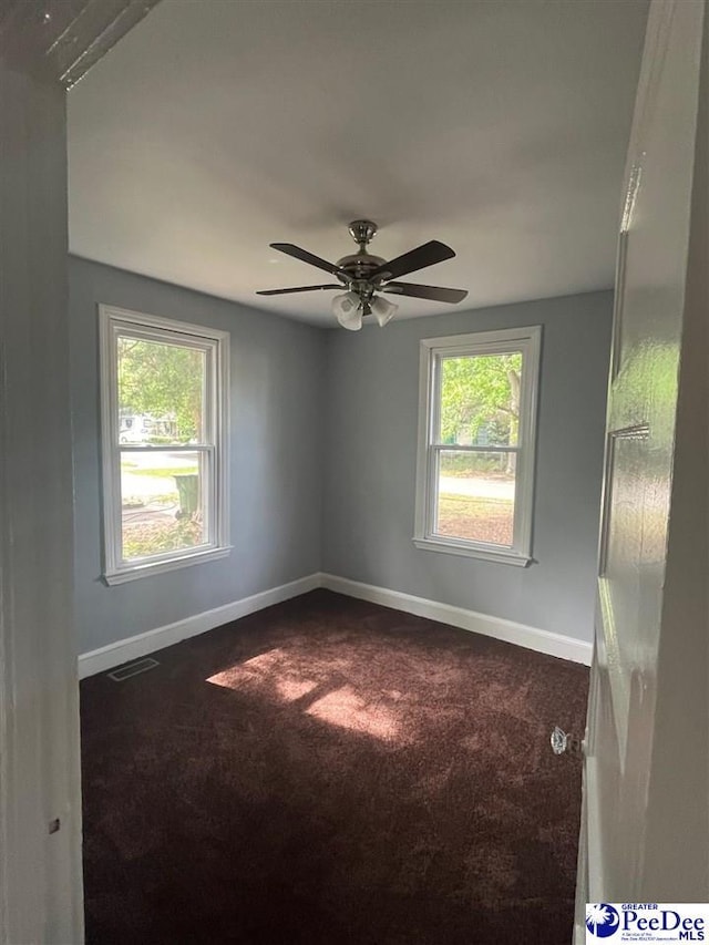 carpeted spare room with a wealth of natural light and ceiling fan
