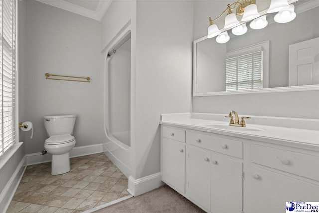 full bathroom featuring baseboards, toilet, crown molding, vanity, and stone finish floors