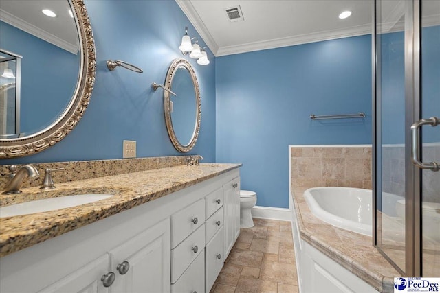 full bathroom featuring stone tile flooring, crown molding, baseboards, double vanity, and recessed lighting
