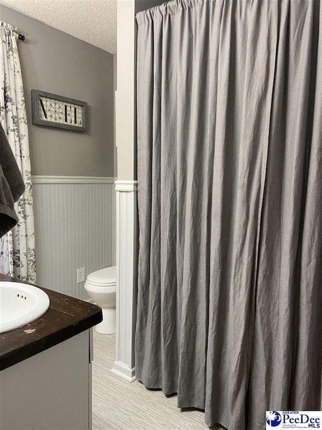 bathroom featuring vanity, hardwood / wood-style floors, a textured ceiling, and toilet