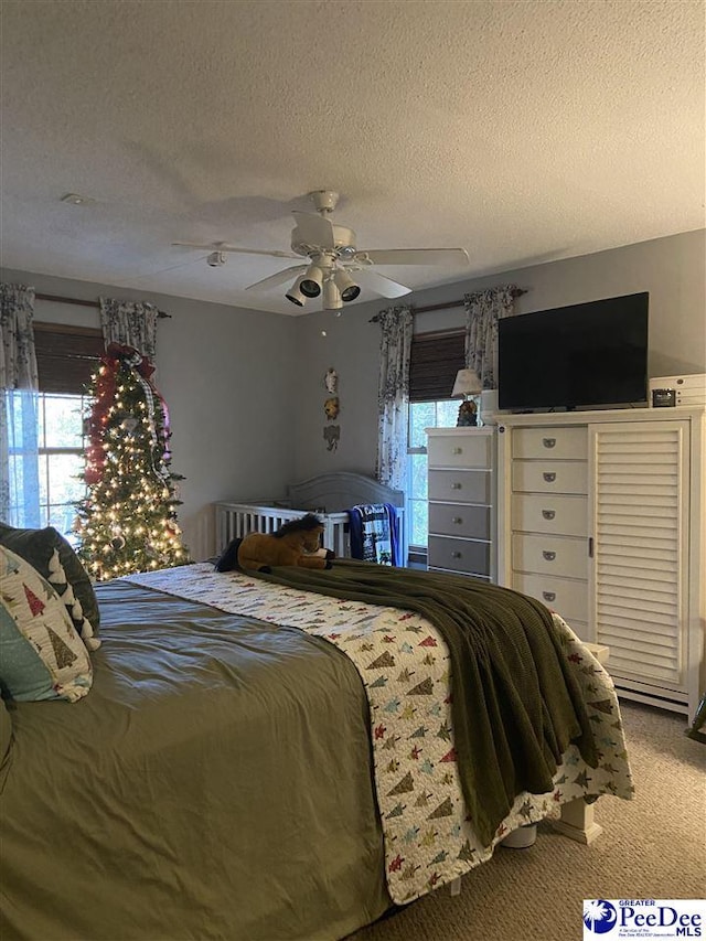 carpeted bedroom with ceiling fan, multiple windows, and a textured ceiling