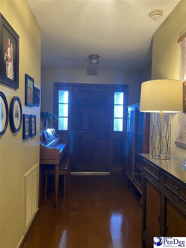 entryway with dark wood-type flooring, plenty of natural light, and a textured ceiling