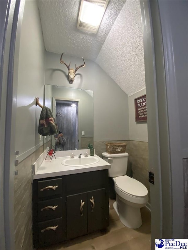 bathroom with vanity, vaulted ceiling, toilet, and a textured ceiling