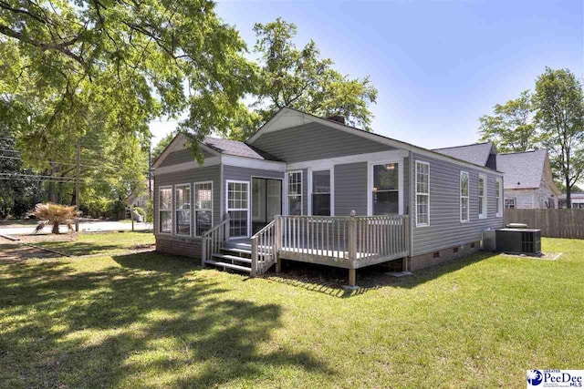 back of property with central AC unit, fence, a deck, a yard, and crawl space