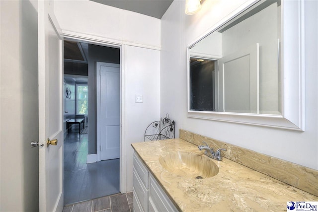 bathroom with wood finished floors and vanity