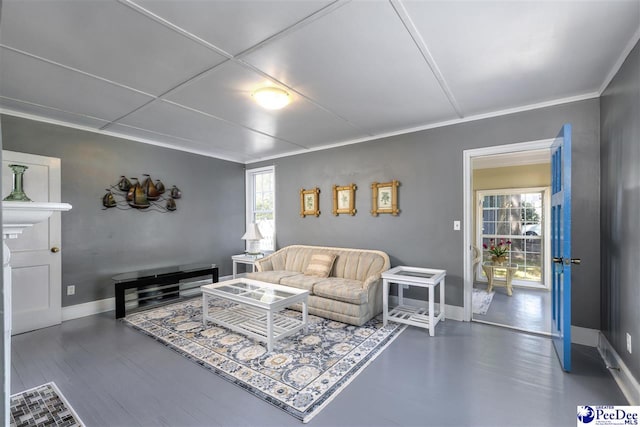living room with baseboards and ornamental molding