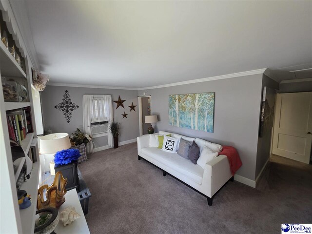 carpeted living area with baseboards and crown molding
