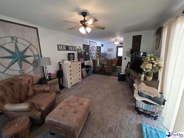 living area with a textured ceiling, a ceiling fan, and carpet floors
