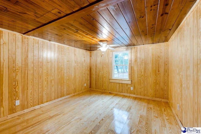 empty room with ceiling fan, wooden ceiling, and light wood-type flooring