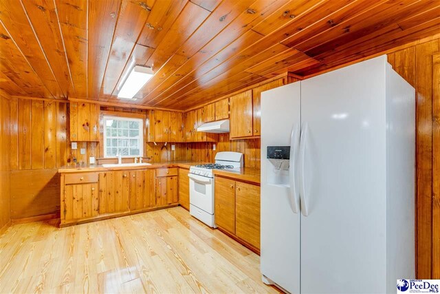 kitchen with wood walls, sink, light hardwood / wood-style floors, wooden ceiling, and white appliances