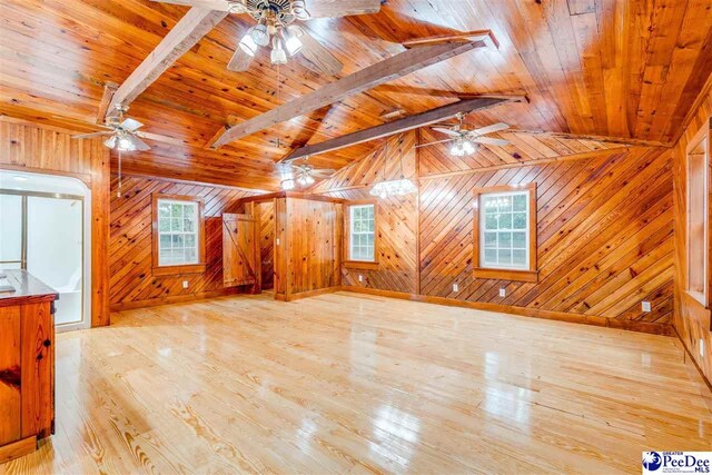 bonus room featuring wood walls, lofted ceiling with beams, wooden ceiling, ceiling fan, and light hardwood / wood-style floors