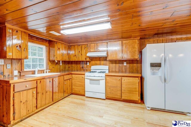 kitchen featuring sink, wood ceiling, white appliances, and light hardwood / wood-style flooring