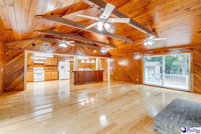 unfurnished living room featuring vaulted ceiling with beams, light wood-type flooring, wooden ceiling, and wood walls