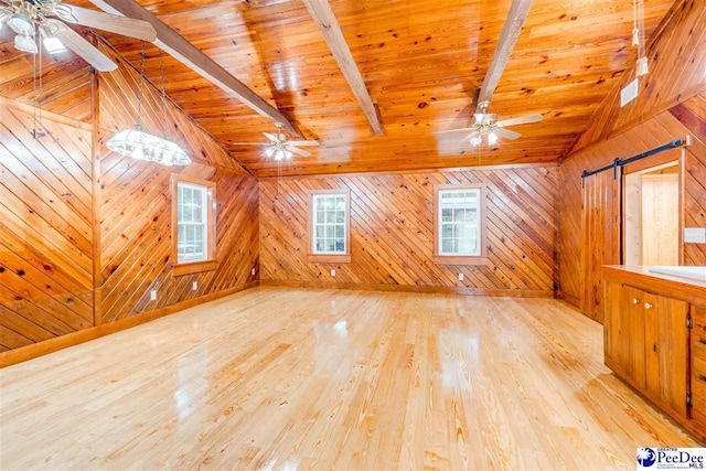 bonus room featuring wood ceiling, ceiling fan, lofted ceiling with beams, light hardwood / wood-style floors, and wood walls