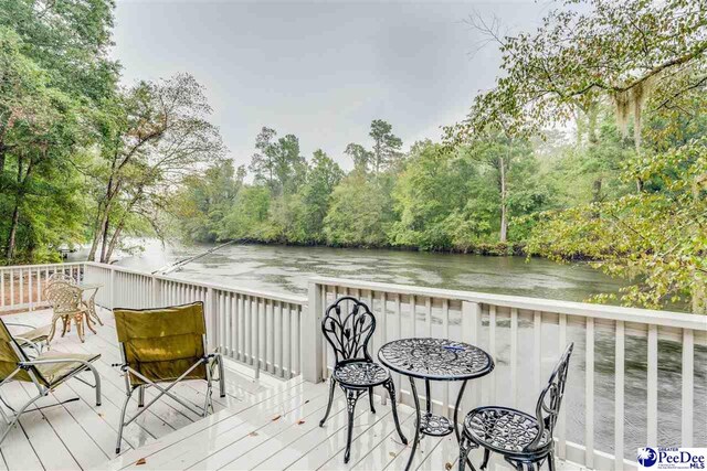 wooden terrace featuring a water view