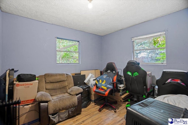 interior space featuring hardwood / wood-style floors, multiple windows, and a textured ceiling