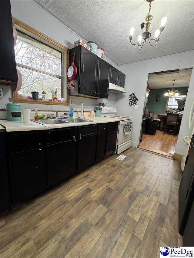 kitchen featuring sink, decorative light fixtures, a notable chandelier, white range with electric cooktop, and hardwood / wood-style floors