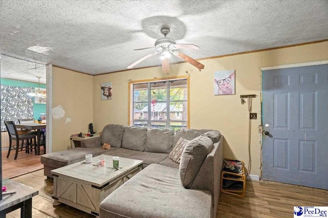 living room with ceiling fan, wood-type flooring, ornamental molding, and a textured ceiling