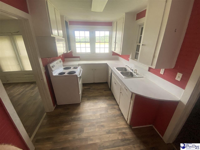 kitchen with white cabinetry, sink, dark wood-type flooring, and white range with electric stovetop