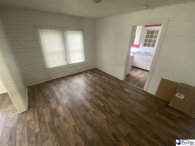 unfurnished room with dark hardwood / wood-style floors and sink