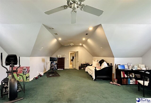 carpeted bedroom featuring lofted ceiling, ceiling fan, and baseboards