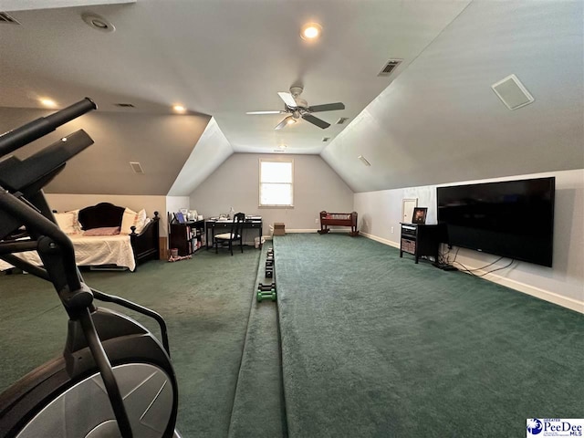 1217 Hillside Dr, Dillon, SC 29536 - additional living space featuring baseboards, lofted ceiling, carpet, a ceiling fan, and recessed lighting