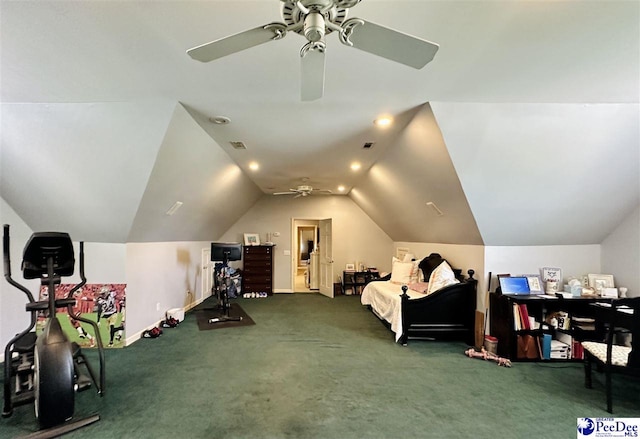 1217 Hillside Dr, Dillon, SC 29536 - bedroom with carpet, vaulted ceiling, a ceiling fan, and baseboards