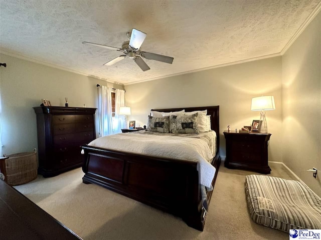 1217 Hillside Dr, Dillon, SC 29536 - bedroom featuring light colored carpet, ornamental molding, a textured ceiling, and ceiling fan