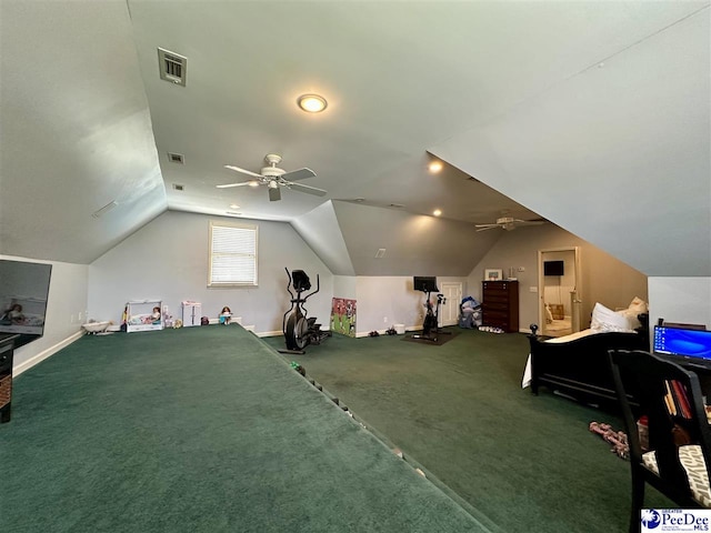 bedroom featuring lofted ceiling, baseboards, and ceiling fan