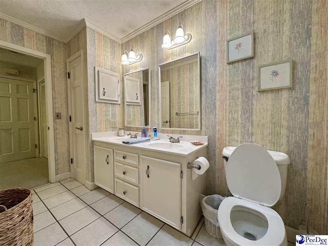 1217 Hillside Dr, Dillon, SC 29536 - full bathroom with crown molding, tile patterned floors, wallpapered walls, a textured ceiling, and toilet