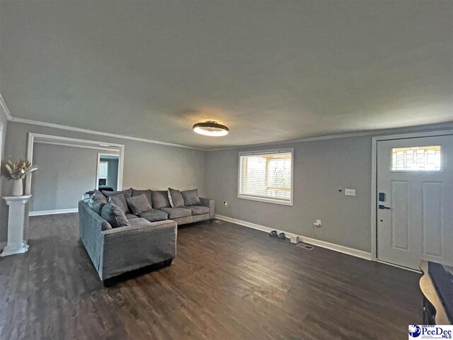 living room featuring ornamental molding and dark wood-type flooring