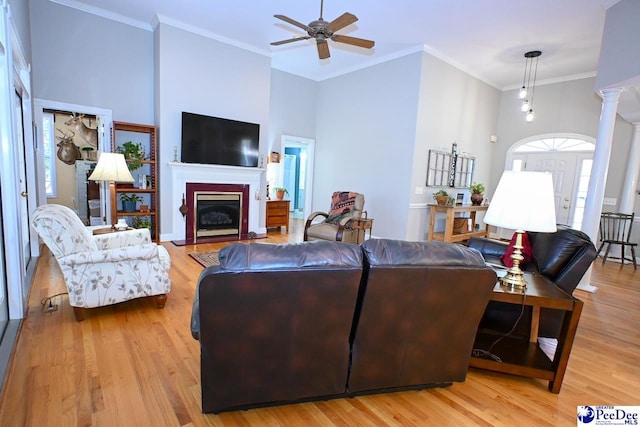 living room featuring ornamental molding, light hardwood / wood-style floors, and ornate columns