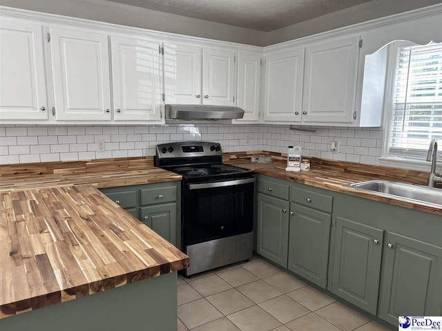 918 Fore Rd, Florence, SC 29506 - kitchen featuring under cabinet range hood, electric range, a sink, and butcher block countertops